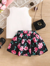 Young Girl's Summer Floral & Letter Printed Short Vest & Skirt Set, Perfect For Outdoor Activities